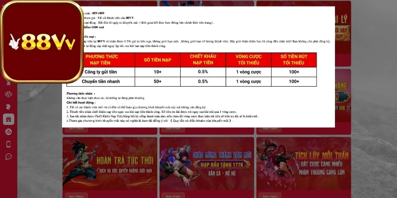 Chương trình khuyến mãi 88VV mỗi 1 lần nạp, mỗi 1 lần tặng