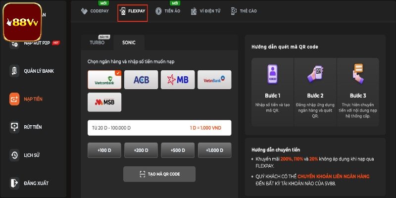 Hướng dẫn nạp tiền 88vv nhanh qua chuyển khoản ngân hàng