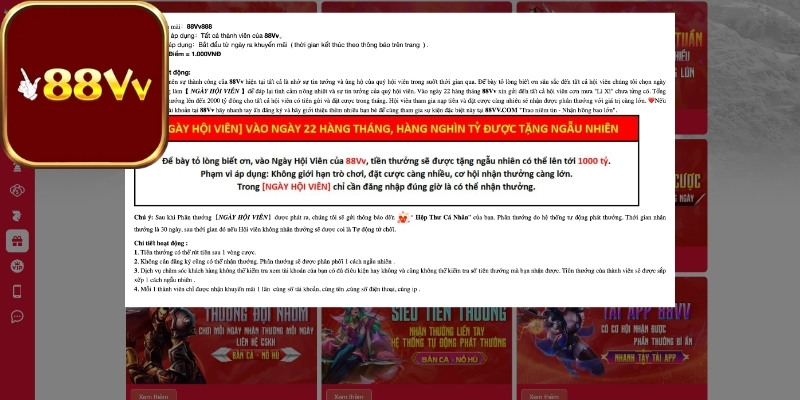 Khuyến mãi 88VV ngày hội thành viên ngày 22 mỗi tháng